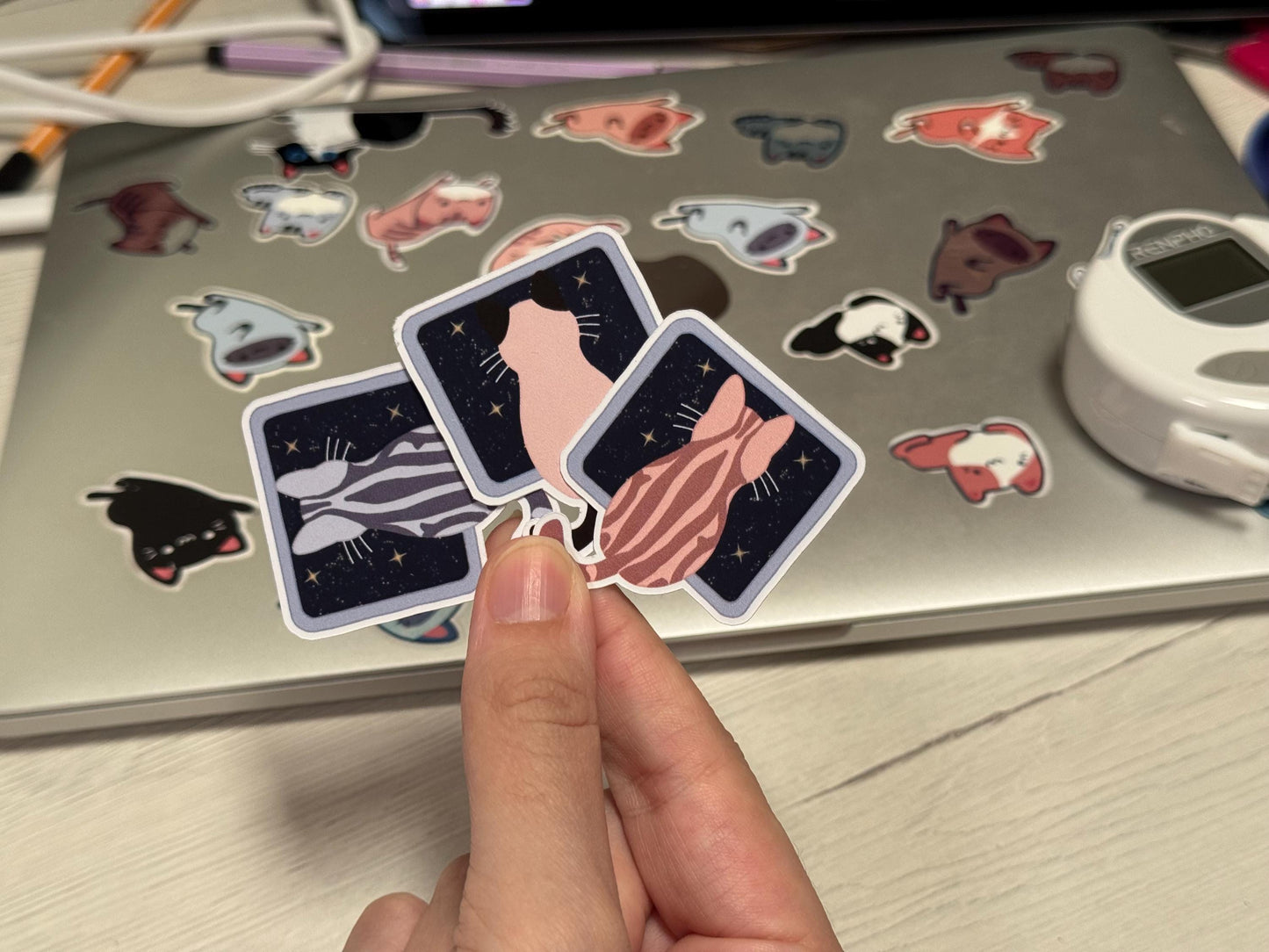 WFH Funny Cat Stickers – Hand Drawn, Custom Colors & Hair Patterns – Matte, Glossy or Holographic – Cute Gift for Cat Lovers