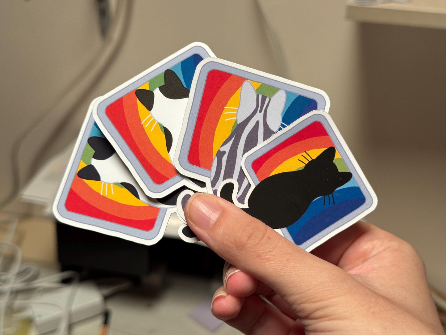 WFH Funny Cat Stickers – Hand Drawn, Custom Colors & Hair Patterns – Matte, Glossy or Holographic – Cute Gift for Cat Lovers