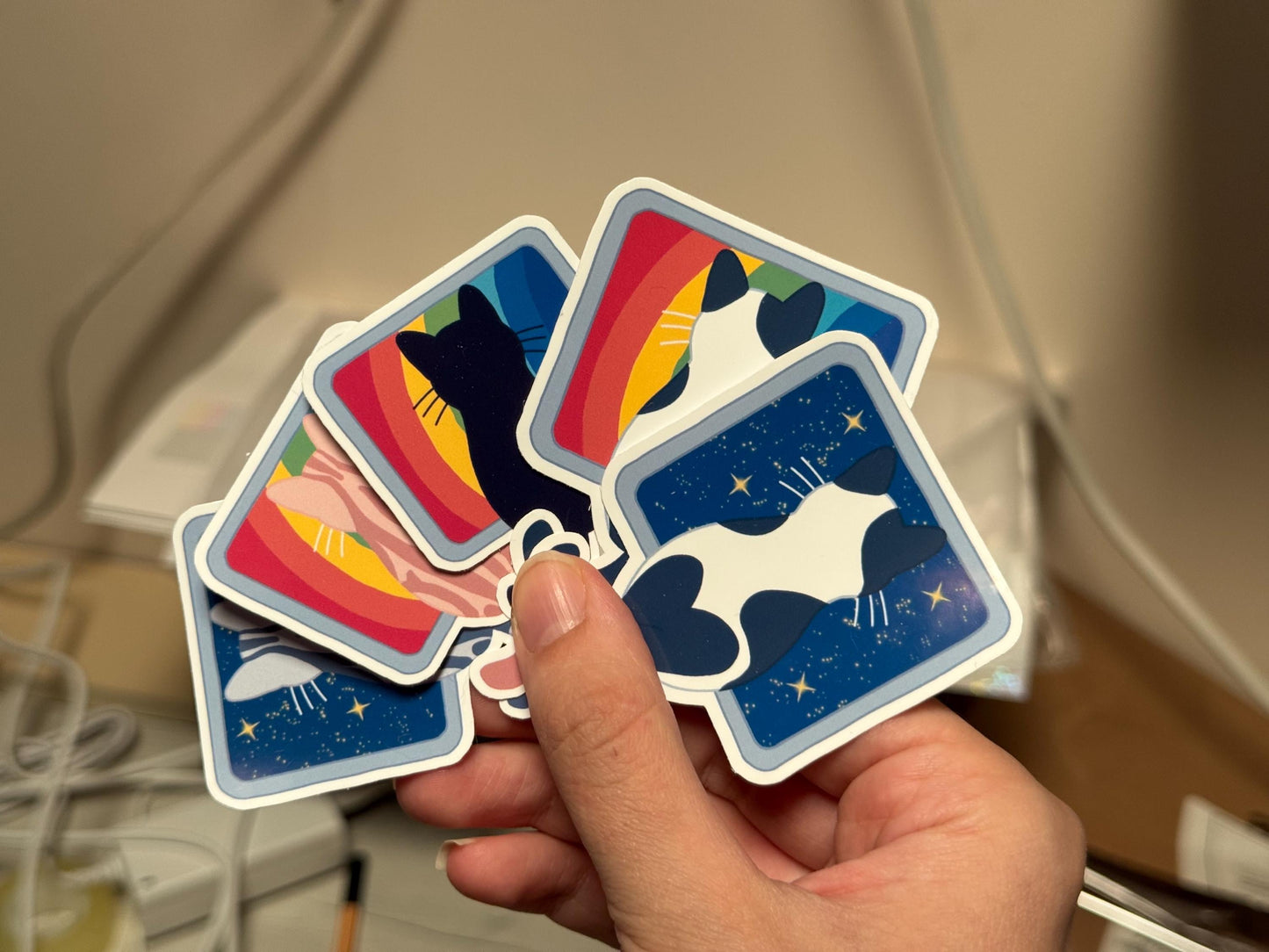 WFH Funny Cat Stickers – Hand Drawn, Custom Colors & Hair Patterns – Matte, Glossy or Holographic – Cute Gift for Cat Lovers