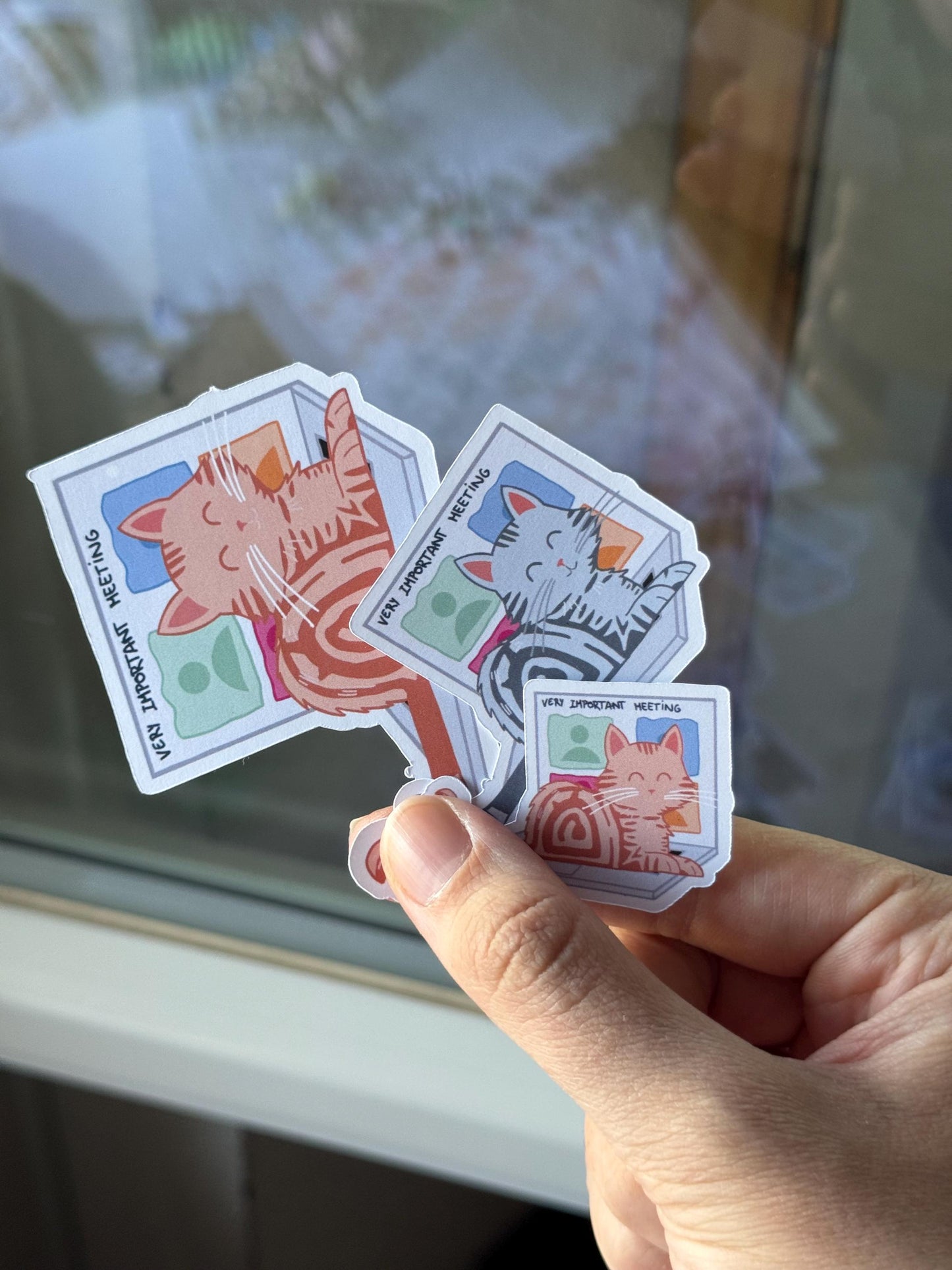 WFH Funny Cat Stickers – Hand Drawn, Custom Colors & Hair Patterns – Matte, Glossy or Holographic – Cute Gift for Cat Lovers