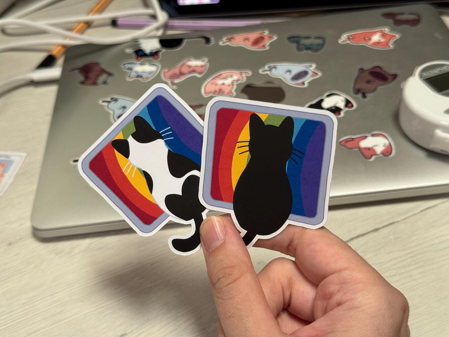 WFH Funny Cat Stickers – Hand Drawn, Custom Colors & Hair Patterns – Matte, Glossy or Holographic – Cute Gift for Cat Lovers