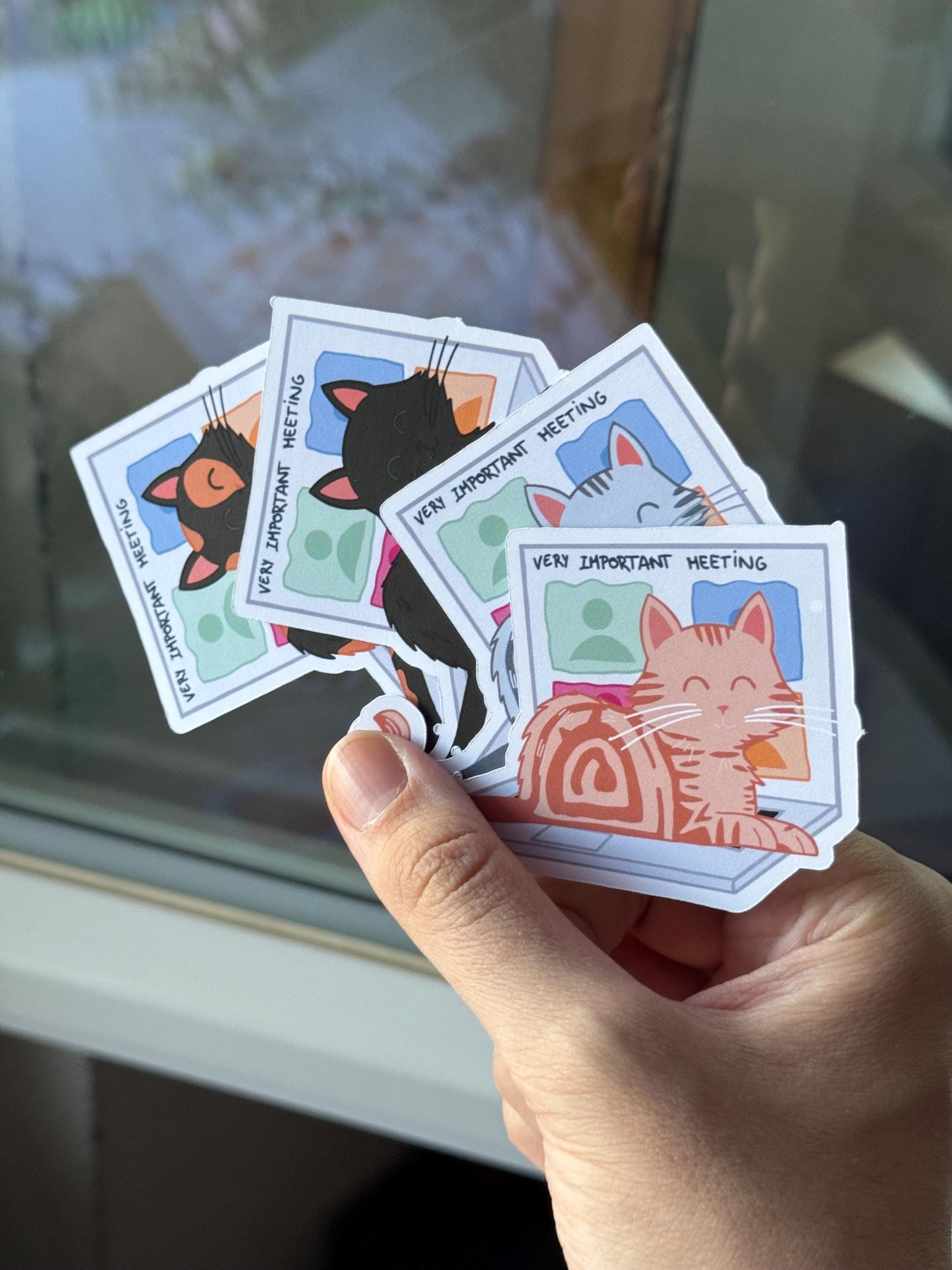 WFH Funny Cat Stickers – Hand Drawn, Custom Colors & Hair Patterns – Matte, Glossy or Holographic – Cute Gift for Cat Lovers