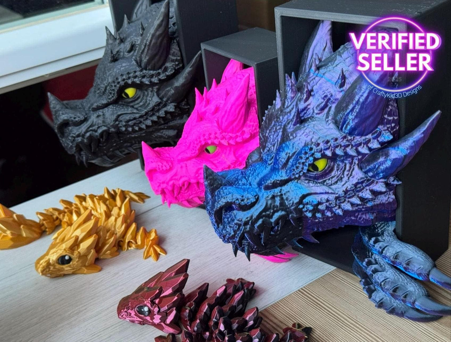 Sujetalibros Dragón de Sombra Feroz – Decoración de fantasía para estanterías | Tamaños mediano y grande | Regalo de dragón para amantes de la lectura