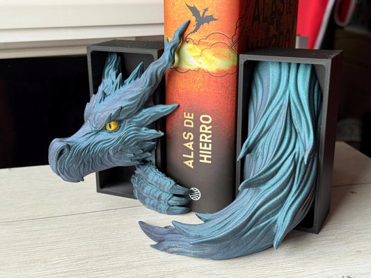 Sujetalibros Dragón de Sombra Feroz – Decoración de fantasía para estanterías | Tamaños mediano y grande | Regalo de dragón para amantes de la lectura