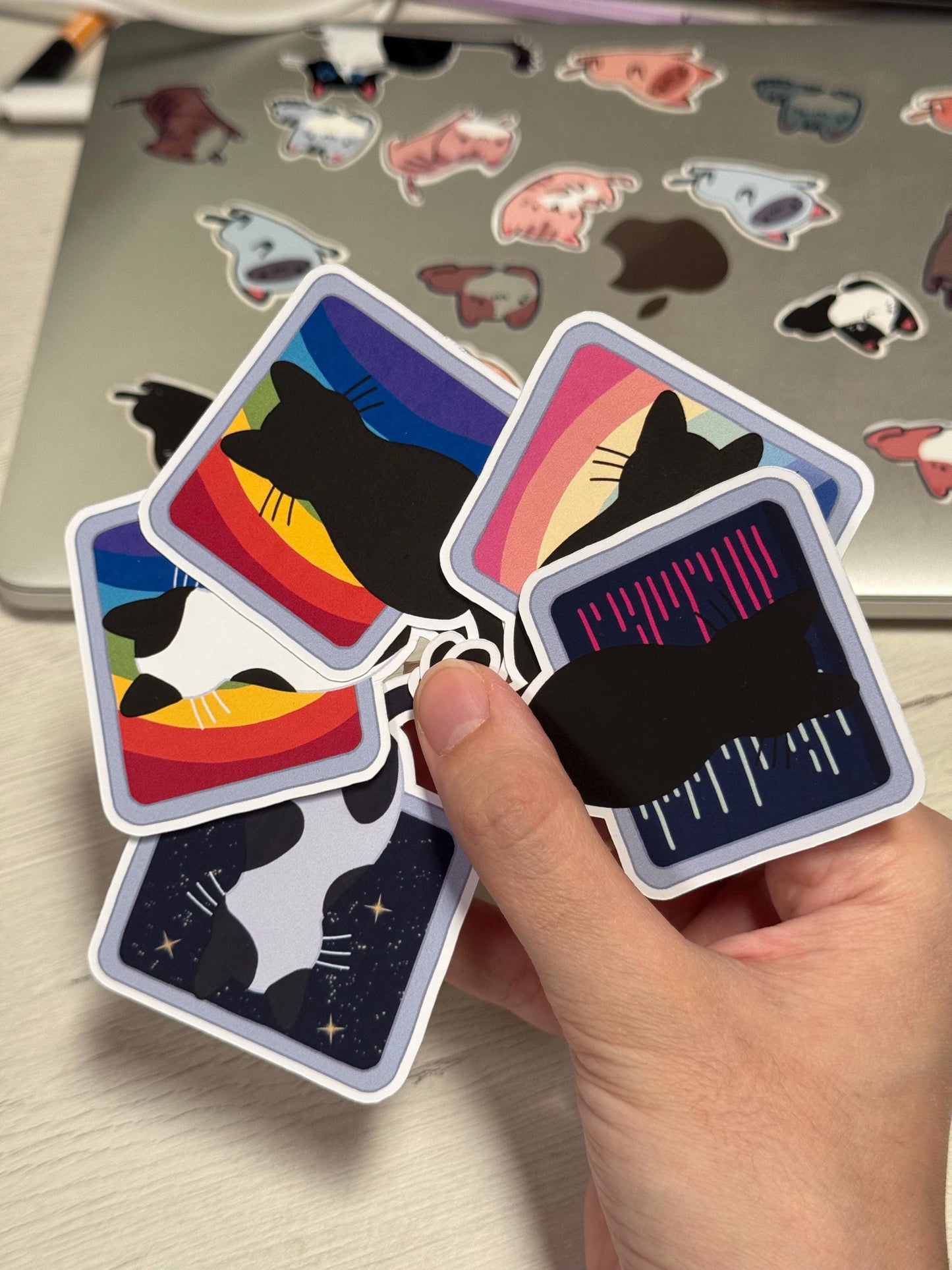 WFH Funny Cat Stickers – Hand Drawn, Custom Colors & Hair Patterns – Matte, Glossy or Holographic – Cute Gift for Cat Lovers