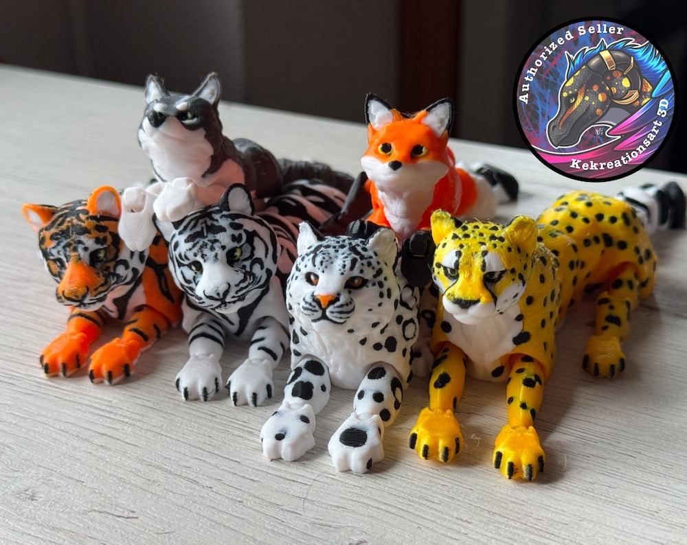 Articulated Animal Figurines – Posable Fox, Wolf, Tiger, Cheetah, Arctic Leopard | 3D Printed Figure | Flexible Animal Gift